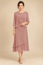 3/4 Sleeve Round Neck A-Line Midi Chiffon Mother of the Bride Dresses with Jacket (SHI22500386)