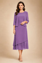 3/4 Sleeve Round Neck A-Line Midi Chiffon Mother of the Bride Dresses with Jacket (SHI22500386)