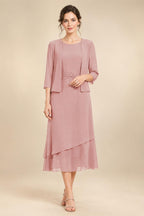 3/4 Sleeve Round Neck A-Line Midi Chiffon Mother of the Bride Dresses with Jacket (SHI22500386)