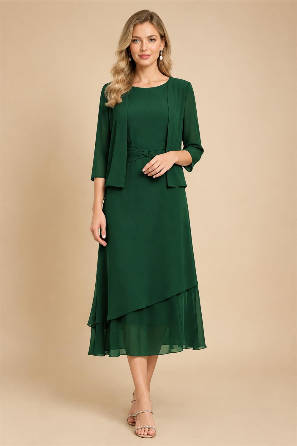 3/4 Sleeve Round Neck A-Line Midi Chiffon Mother of the Bride Dresses with Jacket (SHI22500386)
