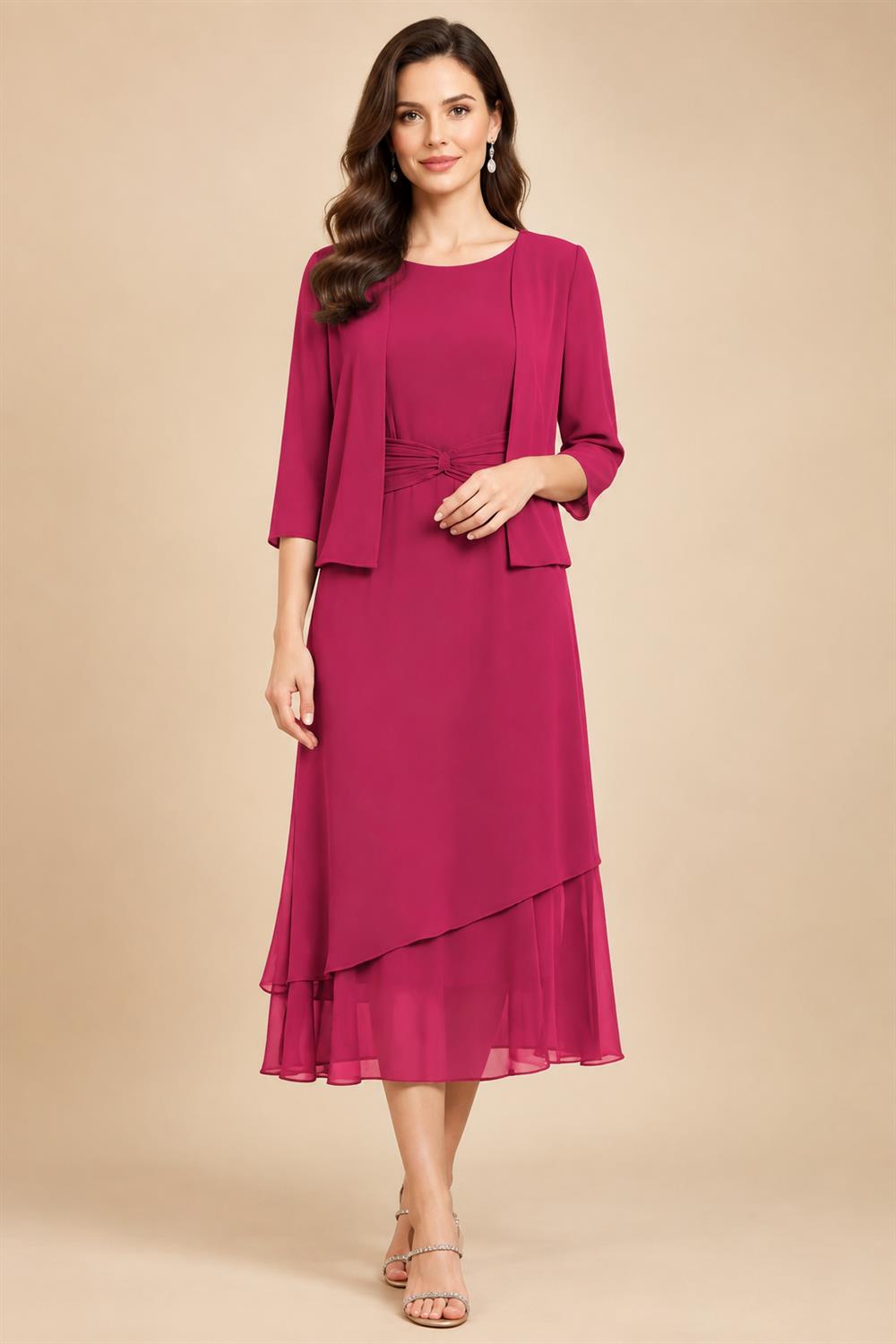 3/4 Sleeve Round Neck A-Line Midi Chiffon Mother of the Bride Dresses with Jacket (SHI22500386)