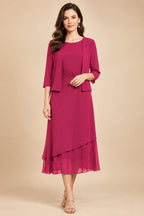 3/4 Sleeve Round Neck A-Line Midi Chiffon Mother of the Bride Dresses with Jacket (SHI22500386)