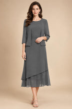 3/4 Sleeve Round Neck A-Line Midi Chiffon Mother of the Bride Dresses with Jacket (SHI22500386)