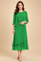 3/4 Sleeve Round Neck A-Line Midi Chiffon Mother of the Bride Dresses with Jacket (SHI22500386)