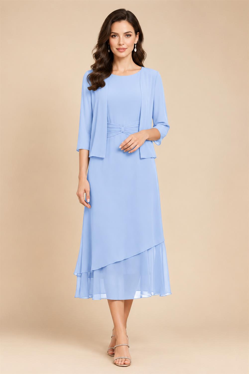 3/4 Sleeve Round Neck A-Line Midi Chiffon Mother of the Bride Dresses with Jacket (SHI22500386)