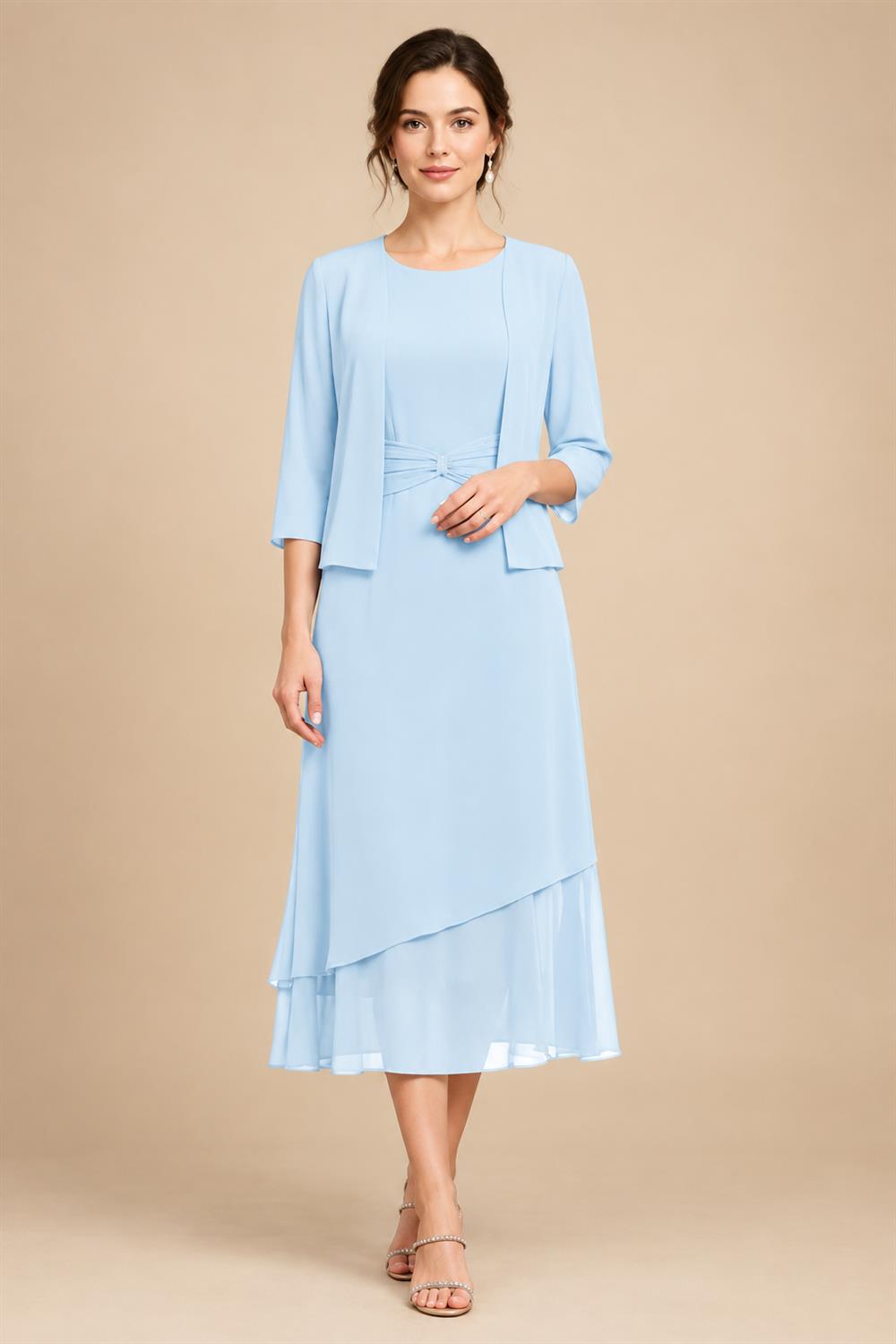 3/4 Sleeve Round Neck A-Line Midi Chiffon Mother of the Bride Dresses with Jacket (SHI22500386)
