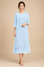 3/4 Sleeve Round Neck A-Line Midi Chiffon Mother of the Bride Dresses with Jacket (SHI22500386)
