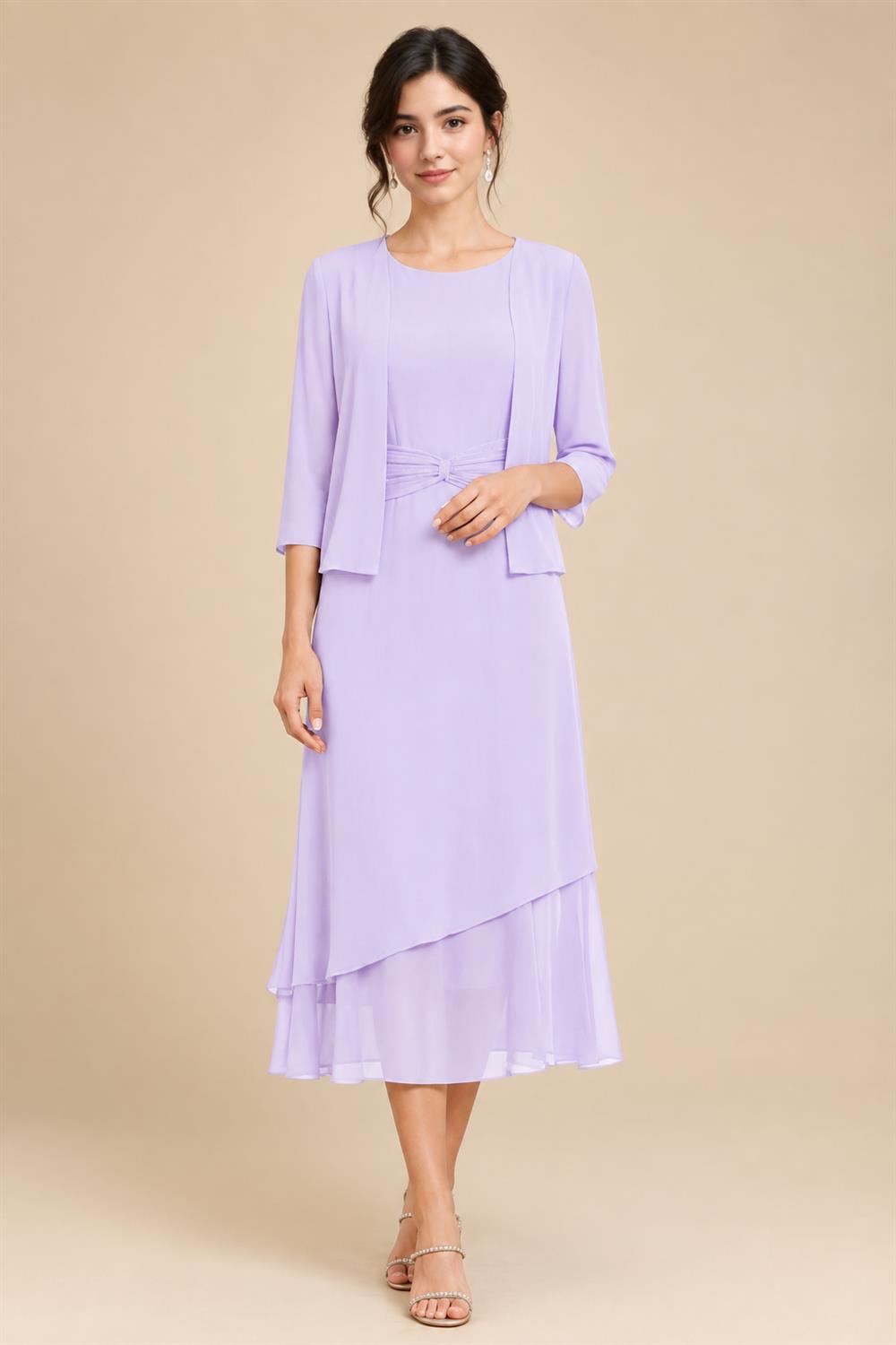 3/4 Sleeve Round Neck A-Line Midi Chiffon Mother of the Bride Dresses with Jacket (SHI22500386)