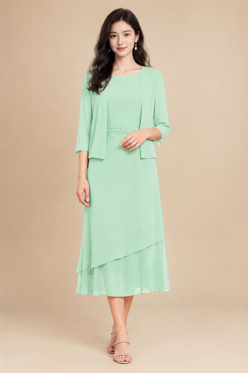 3/4 Sleeve Round Neck A-Line Midi Chiffon Mother of the Bride Dresses with Jacket (SHI22500386)
