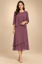 3/4 Sleeve Round Neck A-Line Midi Chiffon Mother of the Bride Dresses with Jacket (SHI22500386)
