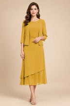 3/4 Sleeve Round Neck A-Line Midi Chiffon Mother of the Bride Dresses with Jacket (SHI22500386)