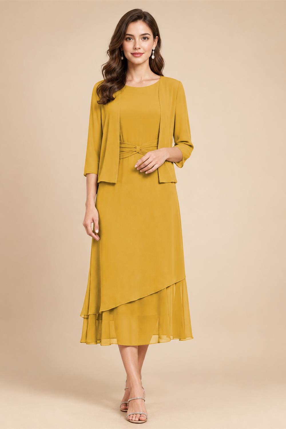 3/4 Sleeve Round Neck A-Line Midi Chiffon Mother of the Bride Dresses with Jacket (SHI22500386)