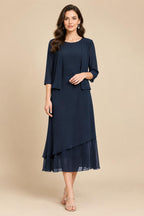 3/4 Sleeve Round Neck A-Line Midi Chiffon Mother of the Bride Dresses with Jacket (SHI22500386)
