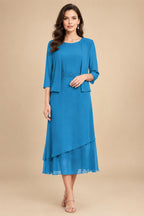 3/4 Sleeve Round Neck A-Line Midi Chiffon Mother of the Bride Dresses with Jacket (SHI22500386)
