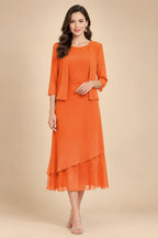 3/4 Sleeve Round Neck A-Line Midi Chiffon Mother of the Bride Dresses with Jacket (SHI22500386)