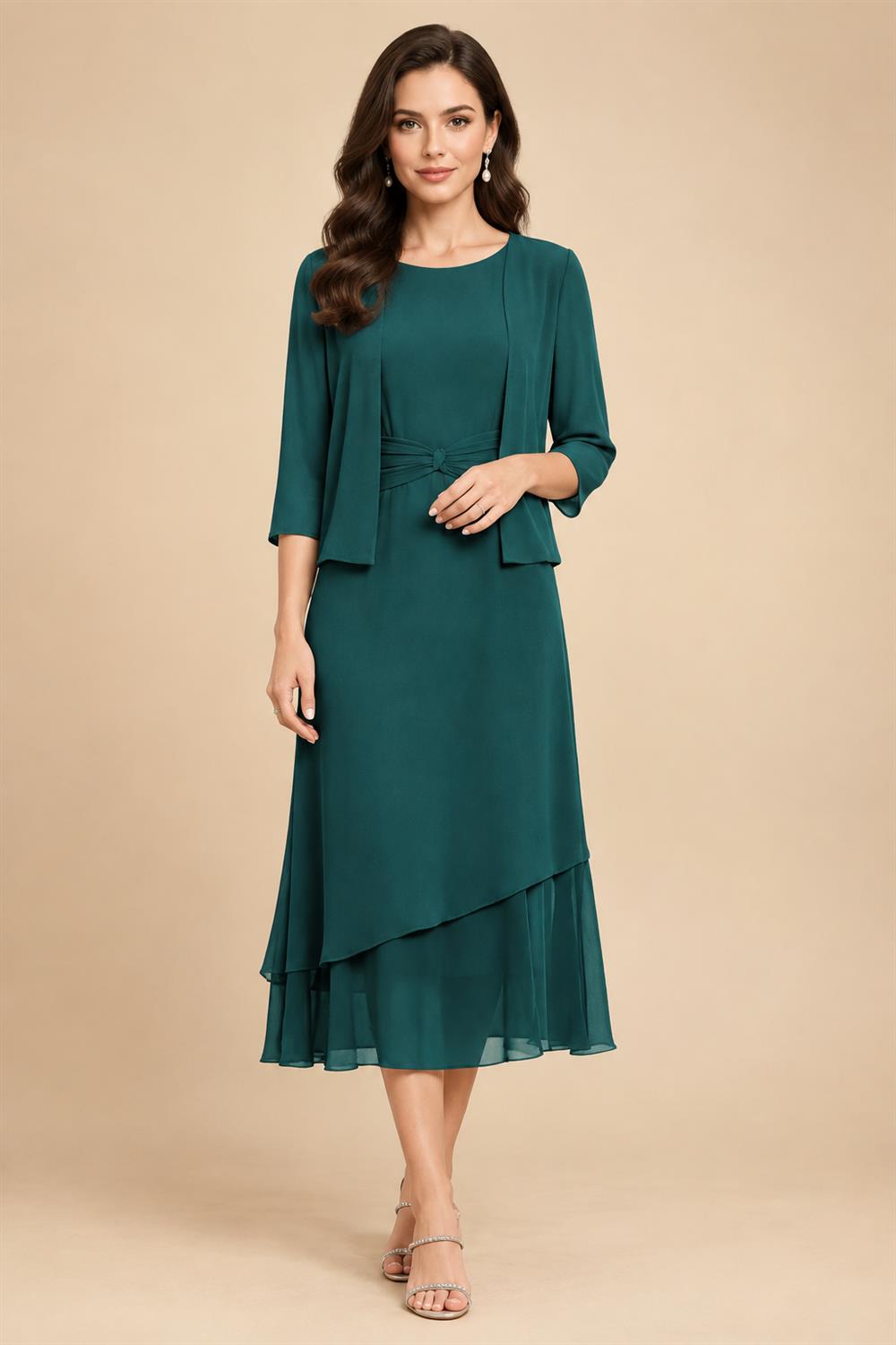 3/4 Sleeve Round Neck A-Line Midi Chiffon Mother of the Bride Dresses with Jacket (SHI22500386)