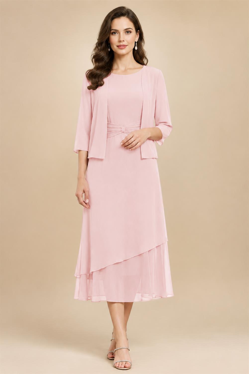 3/4 Sleeve Round Neck A-Line Midi Chiffon Mother of the Bride Dresses with Jacket (SHI22500386)