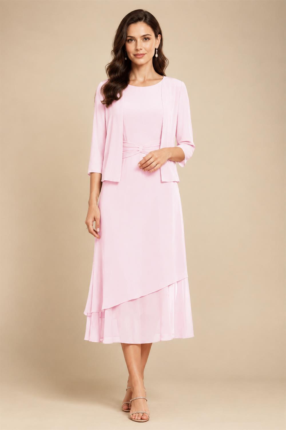 3/4 Sleeve Round Neck A-Line Midi Chiffon Mother of the Bride Dresses with Jacket (SHI22500386)