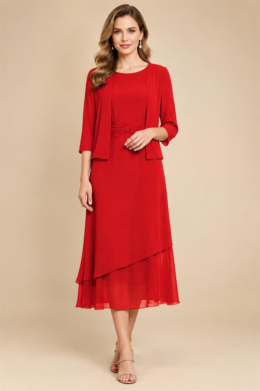 3/4 Sleeve Round Neck A-Line Midi Chiffon Mother of the Bride Dresses with Jacket (SHI22500386)