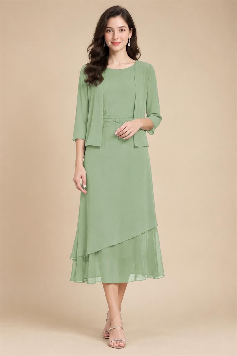 3/4 Sleeve Round Neck A-Line Midi Chiffon Mother of the Bride Dresses with Jacket (SHI22500386)