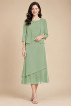 3/4 Sleeve Round Neck A-Line Midi Chiffon Mother of the Bride Dresses with Jacket (SHI22500386)