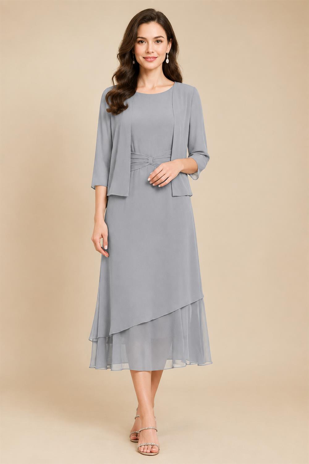 3/4 Sleeve Round Neck A-Line Midi Chiffon Mother of the Bride Dresses with Jacket (SHI22500386)