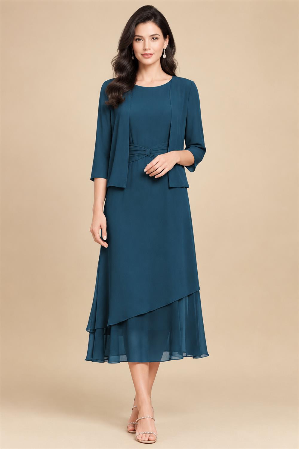 3/4 Sleeve Round Neck A-Line Midi Chiffon Mother of the Bride Dresses with Jacket (SHI22500386)