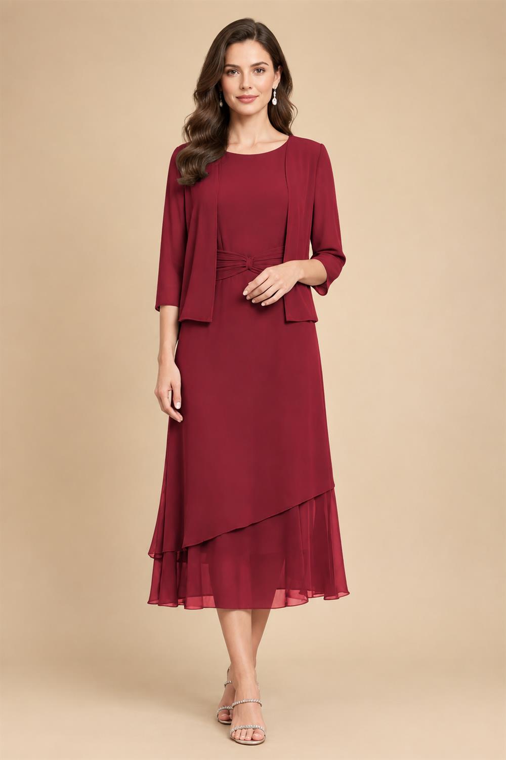 3/4 Sleeve Round Neck A-Line Midi Chiffon Mother of the Bride Dresses with Jacket (SHI22500386)