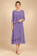 3/4 Sleeve Round Neck A-Line Midi Chiffon Mother of the Bride Dresses with Jacket (SHI22500386)