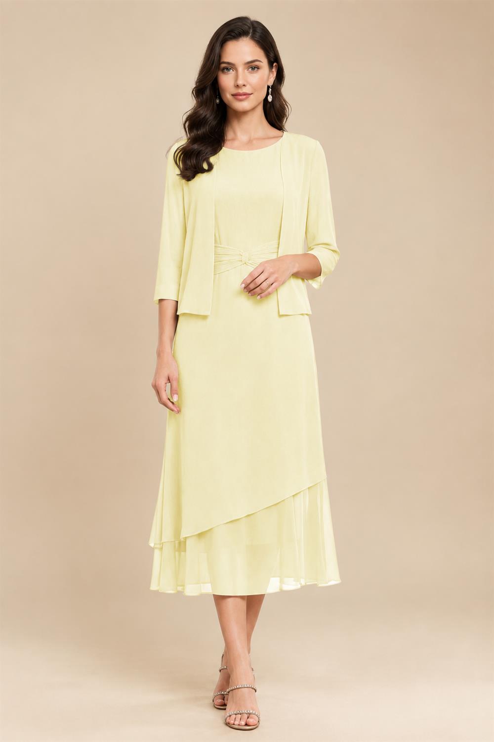3/4 Sleeve Round Neck A-Line Midi Chiffon Mother of the Bride Dresses with Jacket (SHI22500386)
