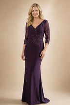 A-Line Satin V-Neck 3/4 Sleeve Mother of the Bride Dresses Floor-Length Ball Gown with Applique (SHI22500294)
