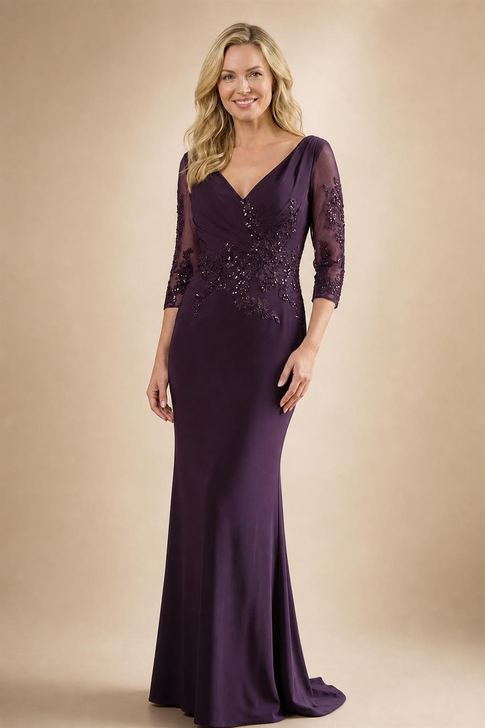 A-Line Satin V-Neck 3/4 Sleeve Mother of the Bride Dresses Floor-Length Ball Gown with Applique (SHI22500294)