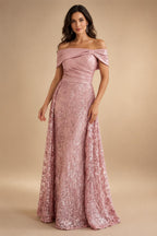 A-Line/Princess Off Shoulder Satin Floor-Length Mother of the Bride & Groom Dresses with 3D Flowers & Sweep Train (SHI22501552)