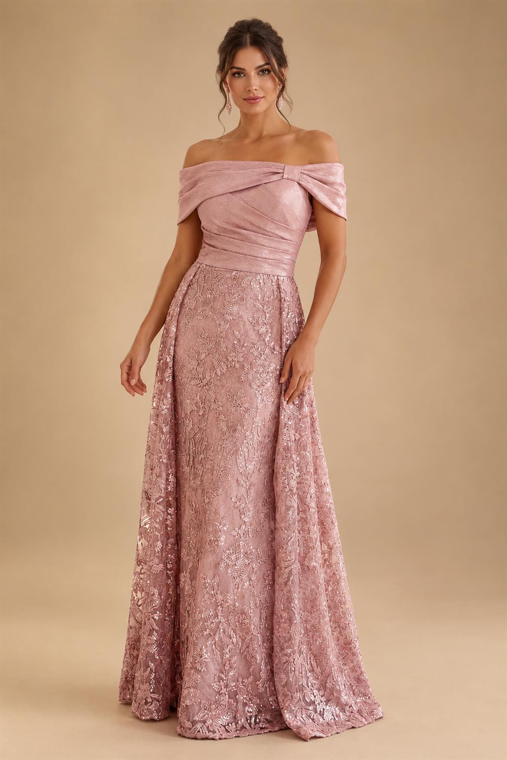 A-Line Metallic Satin Off Shoulder Bow Mother of the Bride & Groom Dresses with Floral Lace Appliques, Ruched Waist & Sweep Train (SHI22500425)