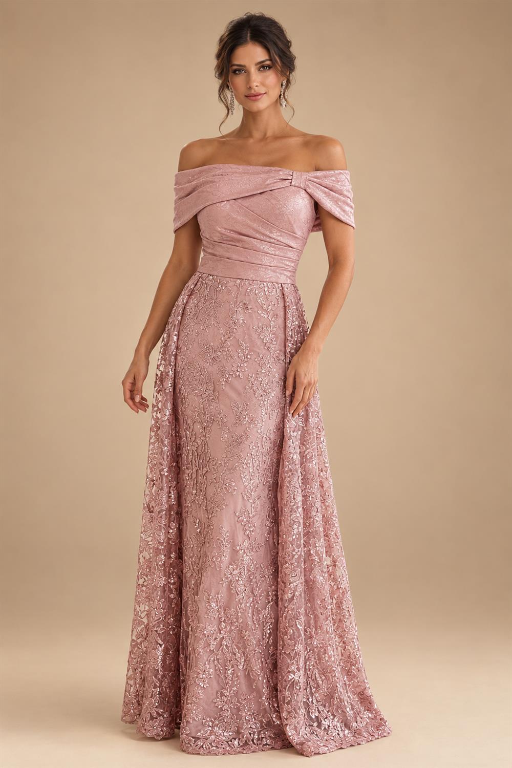 A-Line/Princess Scoop Neck Chiffon Maxi Mother of the Bride & Groom Dresses with Lace Appliques, Sweep Train & Pleats (SHI22501636)
