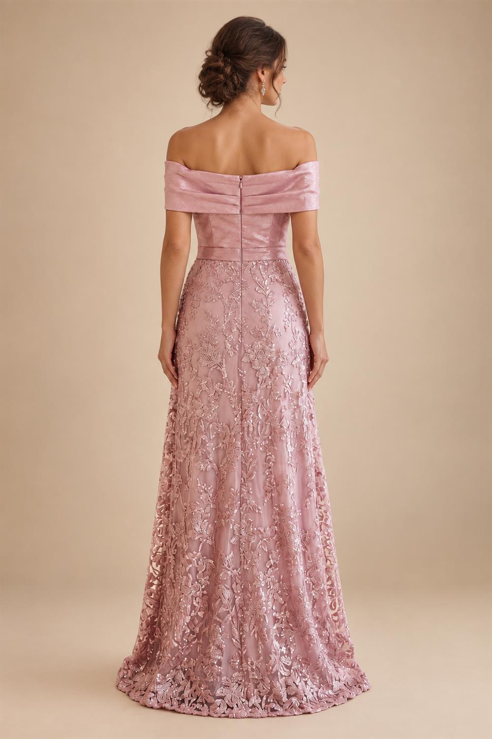 A-Line Metallic Satin Off Shoulder Bow Mother of the Bride & Groom Dresses with Floral Lace Appliques, Ruched Waist & Sweep Train (SHI22500425)