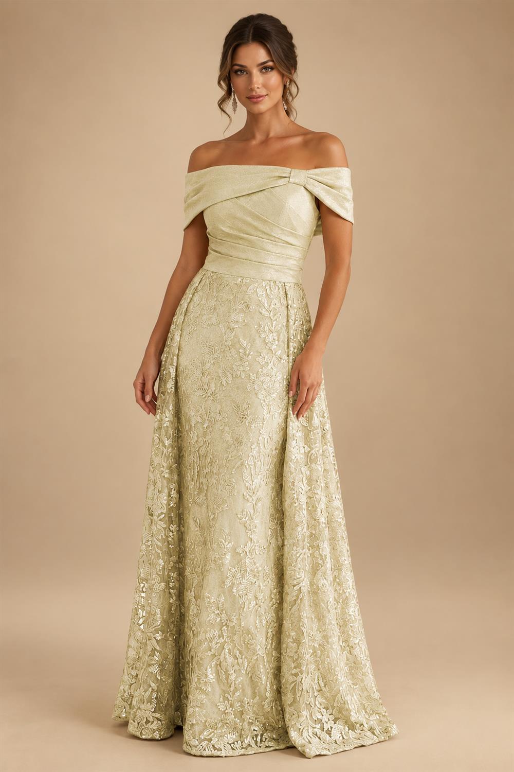 A-Line Metallic Satin Off Shoulder Bow Mother of the Bride & Groom Dresses with Floral Lace Appliques, Ruched Waist & Sweep Train (SHI22500425)