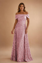 A-Line Metallic Satin Off Shoulder Bow Mother of the Bride & Groom Dresses with Floral Lace Appliques, Ruched Waist & Sweep Train (SHI22500425)