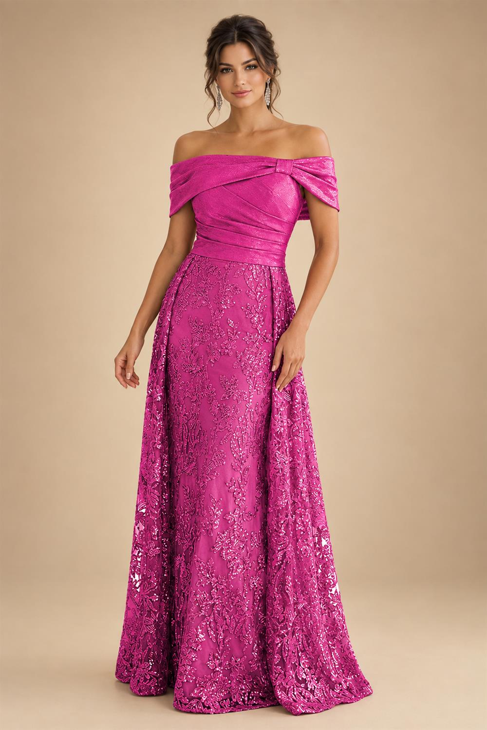 A-Line Metallic Satin Off Shoulder Bow Mother of the Bride & Groom Dresses with Floral Lace Appliques, Ruched Waist & Sweep Train (SHI22500425)