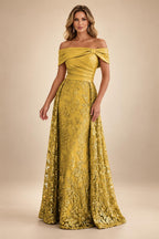 A-Line Metallic Satin Off Shoulder Bow Mother of the Bride & Groom Dresses with Floral Lace Appliques, Ruched Waist & Sweep Train (SHI22500425)