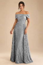 A-Line Metallic Satin Off Shoulder Bow Mother of the Bride & Groom Dresses with Floral Lace Appliques, Ruched Waist & Sweep Train (SHI22500425)