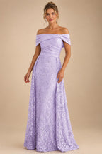 A-Line Metallic Satin Off Shoulder Bow Mother of the Bride & Groom Dresses with Floral Lace Appliques, Ruched Waist & Sweep Train (SHI22500425)