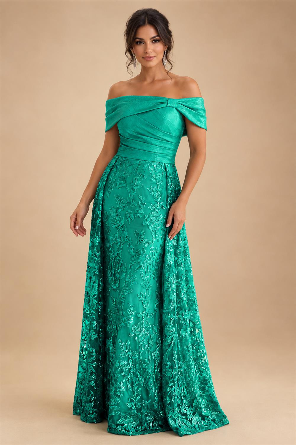 A-Line Metallic Satin Off Shoulder Bow Mother of the Bride & Groom Dresses with Floral Lace Appliques, Ruched Waist & Sweep Train (SHI22500425)