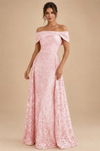 A-Line Metallic Satin Off Shoulder Bow Mother of the Bride & Groom Dresses with Floral Lace Appliques, Ruched Waist & Sweep Train (SHI22500425)