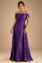 A-Line Metallic Satin Off Shoulder Bow Mother of the Bride & Groom Dresses with Floral Lace Appliques, Ruched Waist & Sweep Train (SHI22500425)