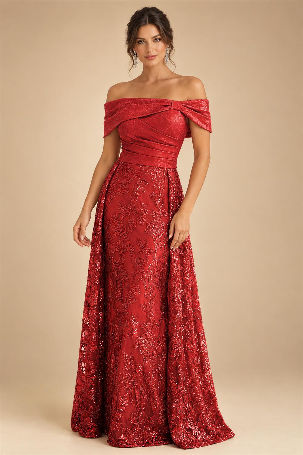 A-Line Metallic Satin Off Shoulder Bow Mother of the Bride & Groom Dresses with Floral Lace Appliques, Ruched Waist & Sweep Train (SHI22500425)