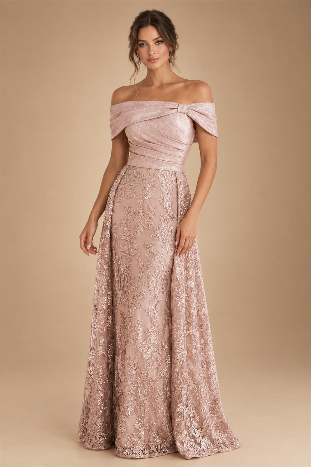 A-Line Metallic Satin Off Shoulder Bow Mother of the Bride & Groom Dresses with Floral Lace Appliques, Ruched Waist & Sweep Train (SHI22500425)