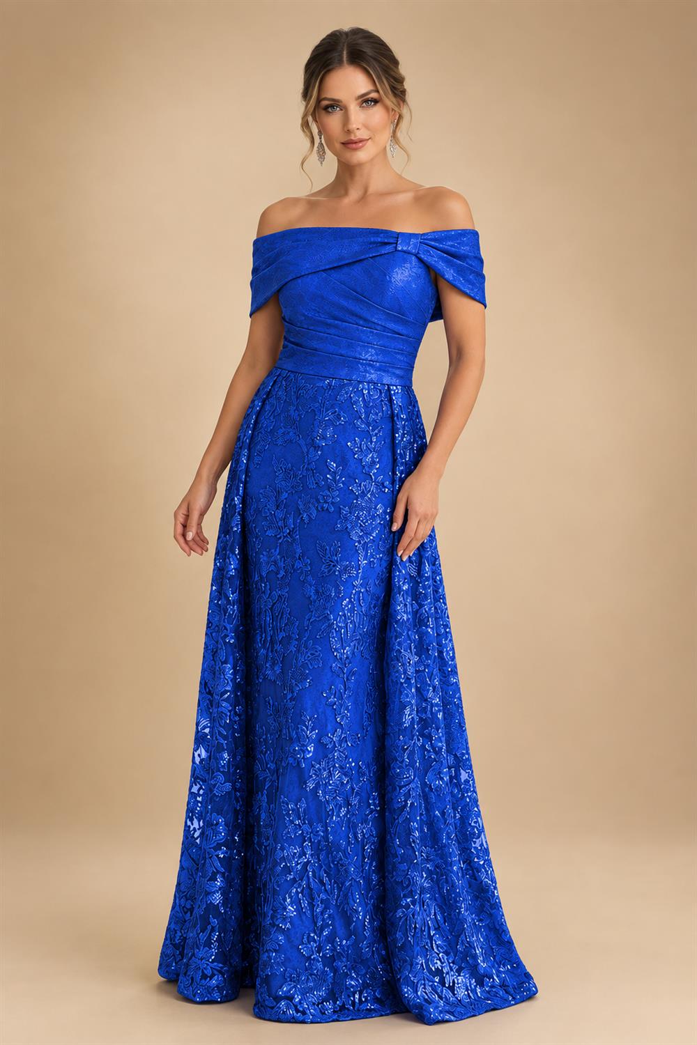 A-Line Metallic Satin Off Shoulder Bow Mother of the Bride & Groom Dresses with Floral Lace Appliques, Ruched Waist & Sweep Train (SHI22500425)