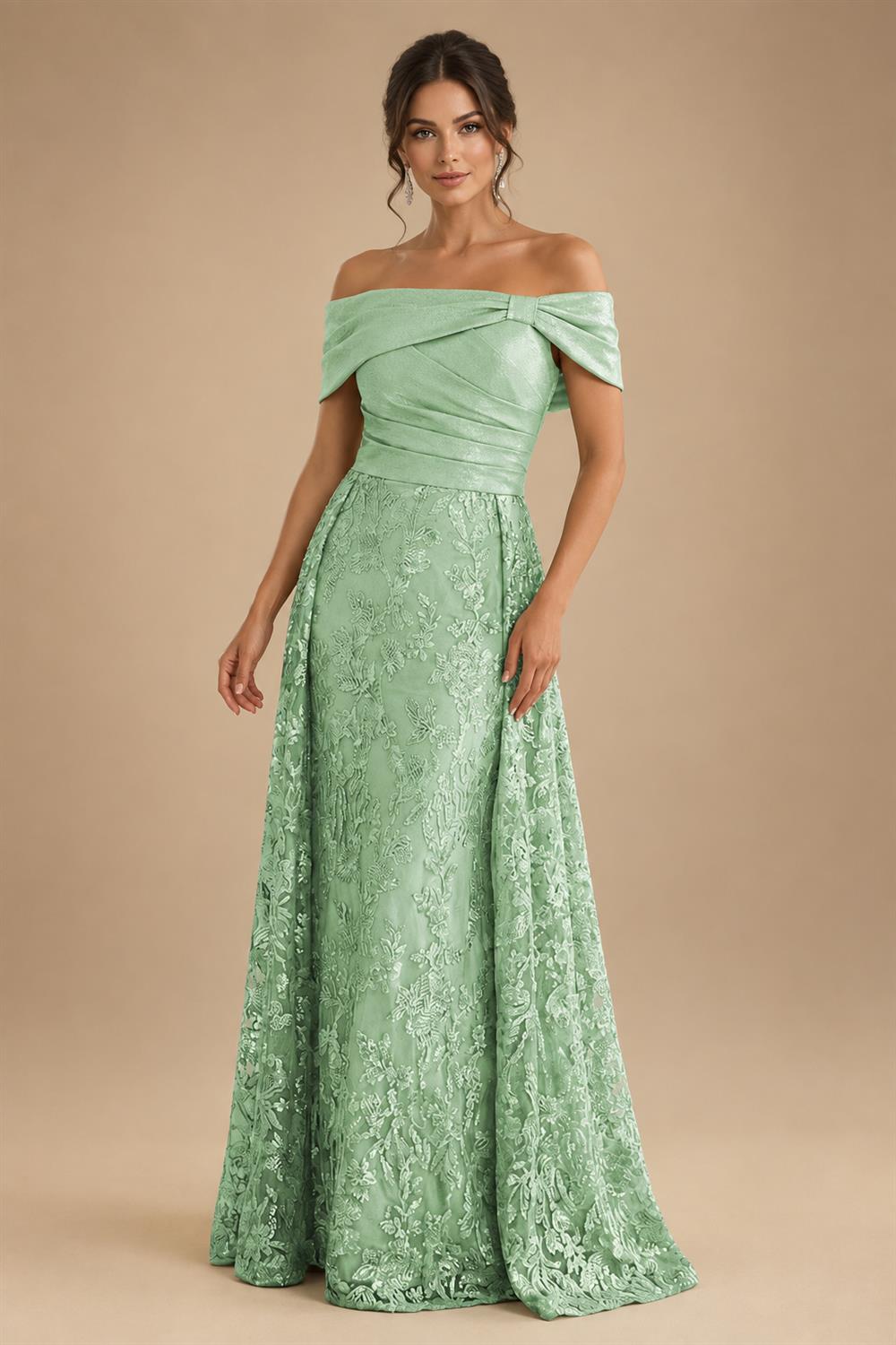 A-Line Metallic Satin Off Shoulder Bow Mother of the Bride & Groom Dresses with Floral Lace Appliques, Ruched Waist & Sweep Train (SHI22500425)