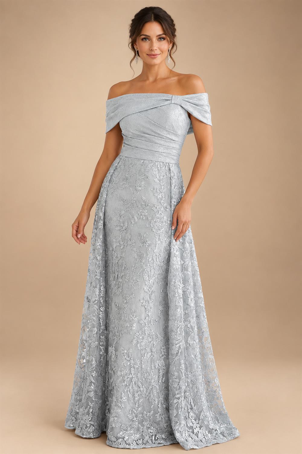 A-Line Metallic Satin Off Shoulder Bow Mother of the Bride & Groom Dresses with Floral Lace Appliques, Ruched Waist & Sweep Train (SHI22500425)